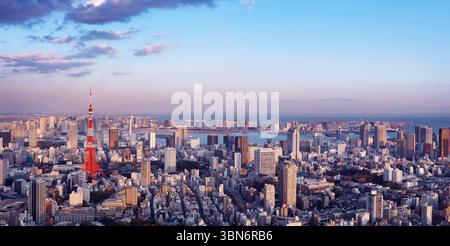 Tokyo Tower in der Stadtlandschaft mit Odaiba, Regenbogenbrücke und Tokyo Bay im Hintergrund, Panoramablick aus der Luft. Tokio, Japan. Stockfoto