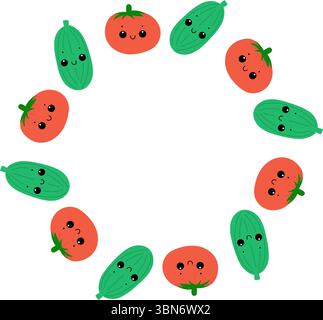Gurken- und Tomatenrunder Rahmen mit lächelnden Gesichtern. Kawaii-Gemüse im Kranz. Stock Vektor