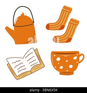 Gemütliches Set mit Teekanne, Becher und Socken. Herbstatmosphäre. Stock Vektor