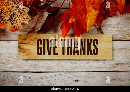 Give Thanks Text mit Ahornblatt Dekoration auf hölzernem Hintergrund Stockfoto