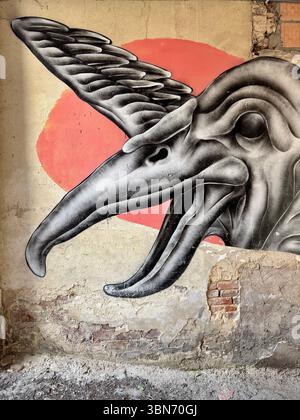 Surreales schwarz-weißes Vogelschädel-Fototapete mit einem roten Hintergrundkreis auf einer verwitterten Wand in Gent, Belgien. Stockfoto