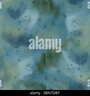 Eine ruhige Mischung aus blauen und grünen Aquarelltexturen, perfekt für Hintergründe und gestalterische Kreativität. Handgezeichnetes nahtloses Aquarellmuster für den Druck auf Stoff und Papier. Stockfoto