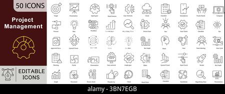 Projektmanagement-Zeilensymbole: Planung, Aufgaben, Team und Erfolgsvektoren. Stock Vektor