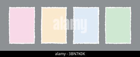 Gerissene Hintergründe des Papierrahmens. Farbige leere Blatttapeten mit gezackten Kanten. Gerissenes Grunge-Element-Paket für Poster, Textfeld, Banner, Collage, Aufkleber. Vektorrechteck Hintergründe erstellen Stock Vektor