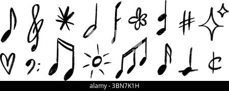 Handgezeichnete Noten und Symbole. Sammlung von Musicalschildern mit Kreidekritzeleien. Holzkohlepinsel Scribble Musikelemente, Sonne, Herz, Sternenbündel. Strukturierte Zeichenstifte und clefs-Pack. Vektor Stock Vektor