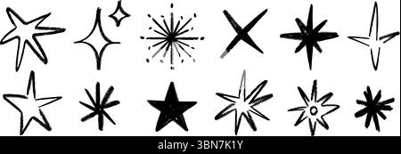 Buntstift handgezeichnete Sterne und Funkeln Set. Kindliche Doodled Sparks Kollektion. Grinsen mit rauem Pinselstrich, Glanzelement-Paket für Collage, Poster, Aufkleber, Etikett. Schwarze Bleistift skizzierte Symbole. Vektor Stock Vektor
