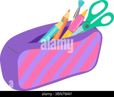 Bleistifthalter gefüllt mit Schulmaterial, einschließlich Bleistiften, Filzstiften, Scheren und einem Pinsel, perfekt für Back-to-School-Designs, Bildungseinrichtungen oder Stock Vektor