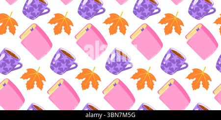 Farbenfrohes nahtloses Back-to-School-Muster mit Büchern, Ahornblättern und einer Tasse heißem Tee, perfekt für pädagogische Designs, für die Schulzeit oder den Herbst Stock Vektor