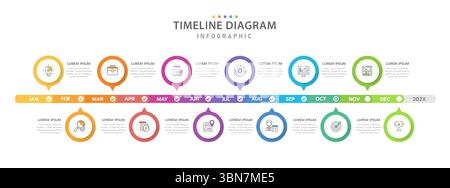 Infografik-Vorlage für Unternehmen. 12 Monate Moderne Zeitleiste Diagramm Kalender, Präsentation Vektor Infografik. Stock Vektor