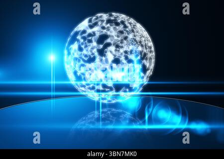 Die leuchtende Netzkugel schwebt im 3D-Rendering über der Spiegelfläche mit Objektivfackeln und -Streifen Stockfoto
