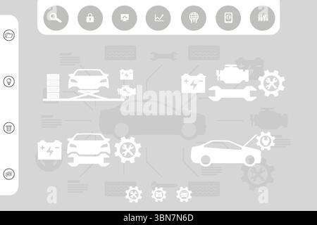 Die flache Graustufeninfografik zeigt den Arbeitsablauf der Fahrzeugdiagnose rund um die Silhouette des zentralen Fahrzeugs Stockfoto