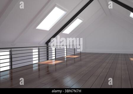 Das leere Loft-Interieur ist mit einer geneigten Decke mit Oberlichtern und schwarzem Geländer in flachem Design ausgestattet Stockfoto