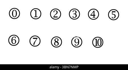 Nummerierte Kreise Symbolsatz 0-10 - Schwarze Umrissziffern für Listen und Schritte Stock Vektor