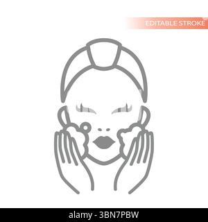 Symbol für Gesichtsbereinigungslinie. Gesichtsreinigung oder -Reinigung, Reinigung mit Seifenschaum und hübsche Frau mit Stirnband. Stock Vektor