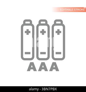 Drei led-Batterietypen. Editierbarer Strichvektor mit AAA 3 Batterien. Stock Vektor