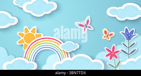 Papier geschnittene Regenbogenszene mit bunten Bogen zwischen Wolken auf blauem Himmel Hintergrund - gelbe Sonne, Schmetterlinge, Blumen im Layered-Stil für Kinderdekoration. Federblattdesign mit hellen Streifen. Stock Vektor