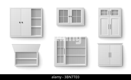 Weiße Küchenschrankkollektion in verschiedenen Aufbewahrungsarten. Verschiedene wandmontierte Einheiten mit Glastüren, offenen Regalen, geschlossenen Paneelfronten und oberen Möbelstücken für moderne Wohnorganisation. Stock Vektor