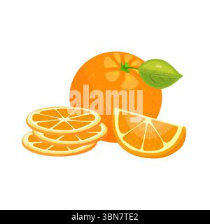 Orangenfrucht mit Stückchen isoliert auf weißem Hintergrund. Würzen Sie süße tropische Früchte. Realistische Vektordarstellung. Stock Vektor
