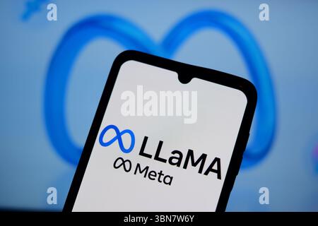 Das Lama Meta AI-Logo wird auf dem Bildschirm eines Mobiltelefons mit dem Meta-Logo im Hintergrund für ein Illustrationsfoto angezeigt. Stockfoto