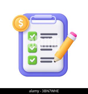 Zwischenablage mit Checkliste, Bleistift und Dollarmünze. Finanzplanung, Budgetierung, Geldmanagement und Geschäftsstrategiekonzept. 3D-Vektor IC Stock Vektor