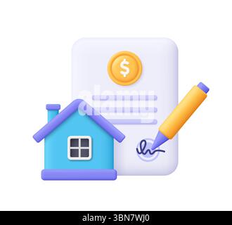 Unterschriebenes Vertragsdokument mit einer Dollar-Münze, einem Stift und einem Haus. Immobilienvertrag, Mietvertrag oder Leasingvertrag. Symbol für 3D-Vektor. Karikaturie mi Stock Vektor