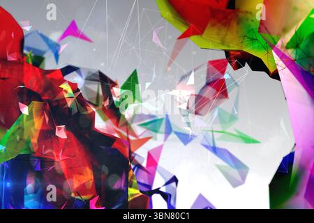 Polygonale Scherben mit flachem Design wirbeln im verlaufenen Hintergrund mit Netzwerklinien und Lichtflecken Stockfoto