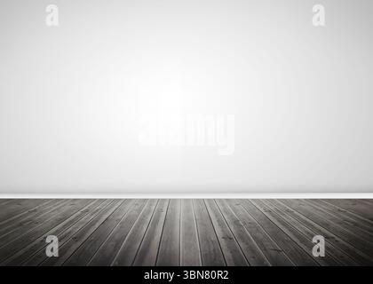 Leerer Raum wird in flachem Design mit hellgrauen Wänden gezeigt, die auf polierten Holzboden treffen Stockfoto