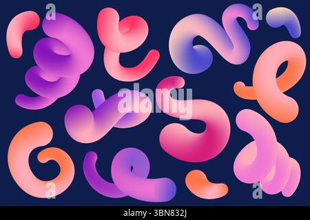 Abstrakte Farbformen mit Farbverlauf. 3D-Wellenlinien und gekrümmte Bänder. Organische Designelemente für ein dynamisches, modernes Poster. Trendige, helle Schnörkel Stock Vektor