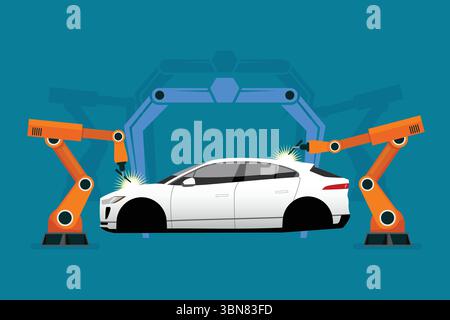 Produktionskonzept des Fahrzeugherstellers. Einblicke in die Roboterindustrie in die Automobil- und Elektronikbranche. Smart Factory Industrial. Vektorabbildung Stock Vektor