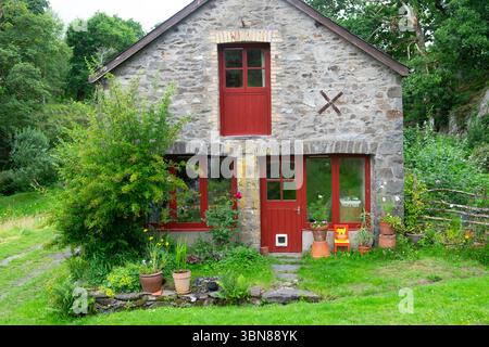 Außenansicht des umgebauten Scheunenhauses mit roter Tür und Gartentöpfen in Carmarthenshire Wales Großbritannien Großbritannien KATHY DEWITT Stockfoto