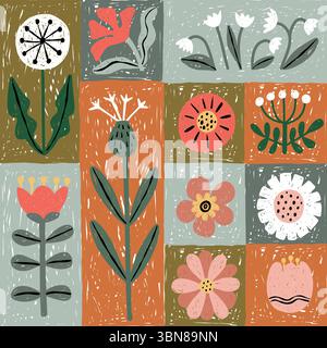 Nahtloses Patchwork-Muster mit Wildblumen-Set Stock Vektor