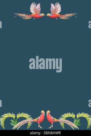 Tropische Vögel mit Palmblättern, vertikaler Rahmen in Aquarellfarben auf dunklem Hintergrund. Handbemalt perfekt für Schreibwaren, Stoffdrucke und Sommerprojekte Stockfoto