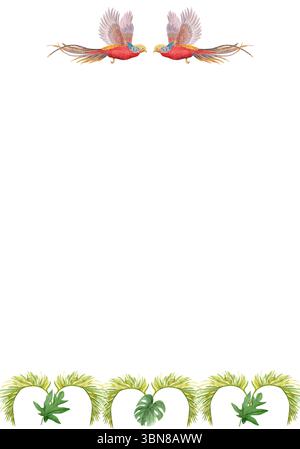 Tropische Vögel mit Palmblättern, vertikaler Rahmen mit Aquarell auf weißem Hintergrund. Handbemalt perfekt für Schreibwaren, Stoffdrucke und Sommerprojekte Stockfoto