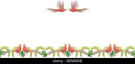 Fliegende und stehende Vögel mit farbenfrohem Gefieder, Palmblätter-Aquarellrahmen isoliert auf weiß. Handbemalt, ideal für Schreibwaren und Stoffdrucke Stockfoto