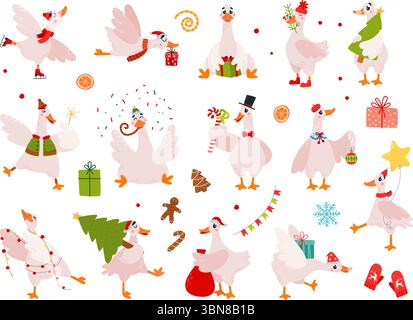 Weihnachts-Cartoon-Gänse. Gänse in verschiedenen Posen mit verschiedenen Gegenständen, Geschenken, Süßigkeiten, Tanne. Silvester-Stil, Bauernvögel Charaktere, isoliert klassisch Stock Vektor