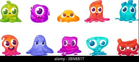 Schleimige Außerirdische. Lustige Jelly-Monster mit großen Augen. Niedliche Ufofiguren, schleimige bunte Kreaturen. Kindermaskottchen, heute Vektorspiel-Set Stock Vektor