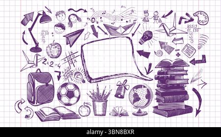 Willkommen zurück in der Schule horizontales Banner, Kritzele auf kariertem Papierhintergrund, Vektorillustration. Zeichnen mit einem blauen Stift auf einem Notizblock Stock Vektor