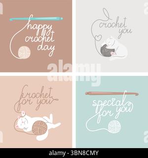 Set mit Grußkarten für die Nadelfrau mit Kätzchen, Häkelnadel und Garnknäuel. Konzept Häkeln Vektor Illustration Original Artwork Stock Vektor