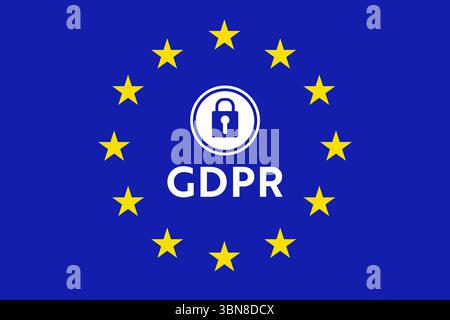 Das flache Design zeigt ein DSGVO-Vorhängeschloss und einen fett gedruckten Text, der von gelben Sternen auf dem blauen Feld umgeben ist Stockfoto