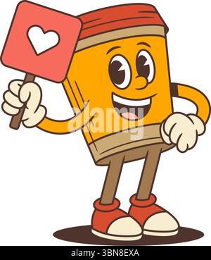 Lustiges orangefarbenes Kaffeetassen-Maskottchen mit rotem Deckel, das ein rotes Schild mit Herzsymbol zeigt. Geeignet für soziale Medien, Branding, Aufkleber, Apps und Marketing. V Stock Vektor
