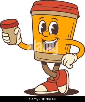 Fröhliches orangefarbenes Kaffeetasse-Maskottchen zum Mitnehmen mit rotem Deckel, der kleine Kaffeetasse hält und lächelnd ist. Geeignet für Werbeaktionen, Verpackungen, Branding oder Werbung im Café Stock Vektor