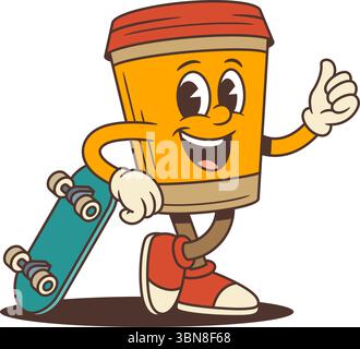 Lustige orangefarbene Kaffeetasse zum Mitnehmen mit rotem Deckel, der auf grünes Skateboard geneigt ist und die Daumen nach oben zeigt. Geeignet für Café-Branding, Verpackung Stock Vektor
