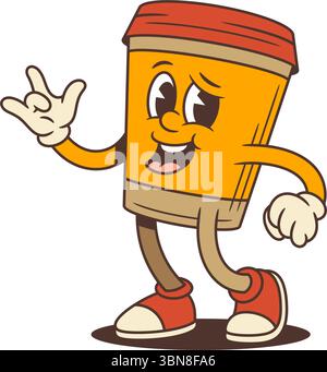 Lächelnde Kaffeetasse Maskottchen mit ILY-Geste im Vintage-Cartoon-Stil. Perfekt für Coffee-Shop-Branding, Social-Media-Werbung, Verpackung, Stock Vektor