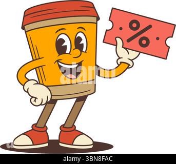 Heller Cartoon-Charakter zum Mitnehmen aus Kaffeetassen lächelnd und mit rotem Rabattschild. Perfekt für Werbung, Marketing, Menü oder Verpackung im Café. Stock Vektor
