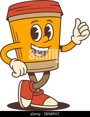 Lächelndes orangefarbenes Kaffeetassen-Maskottchen mit ausdrucksstarken Augen im Retro-Cartoon-Stil. Geeignet für Café-Branding, Getränkeaktionen und Verpackungsdesign. Isoliert Stock Vektor