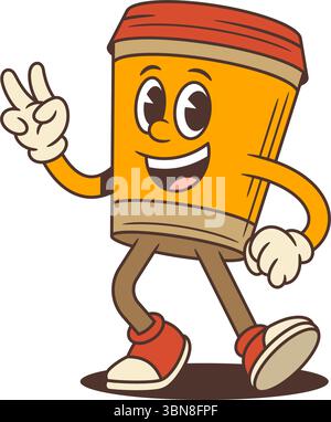 Verspieltes Maskottchen zum Mitnehmen mit Siegesgeste im Cartoon-Stil. Geeignet für Coffee-Shop-Branding, Social-Media-Werbung, Werbung Stock Vektor