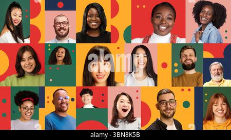 Porträt-Collage. Eine Gruppe verschiedener Menschen lächelt und lacht. Marketing- und Werbekampagnen Stockfoto