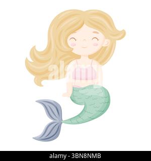 Eine niedliche Vektor-Illustration einer süßen lächelnden Meerjungfrau mit blondem Haar, die ein rosafarbenes Oberteil und einen mintgrünen Schwanz trägt, perfekt für Kinderdesigns und Wimsi Stock Vektor