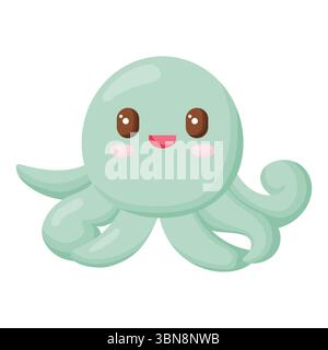 Eine bezaubernde Vektor-Illustration eines süßen, lächelnden Oktopus in Pastellblau-Grün. Es hat große, helle Augen und rosige Wangen. Perfekt für Kinder Stock Vektor