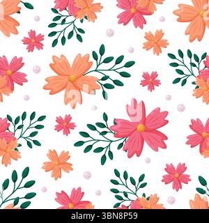 Ein lebendiges, nahtloses Blumenmuster mit bezaubernden rosa und orangen Blüten mit dunkelgrünen Blattzweigen, verspielt auf einem strahlend weißen Rücken Stock Vektor